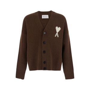 Ami Paris Men V Neck Cardigan With Ami De Coeur In Brown For Men